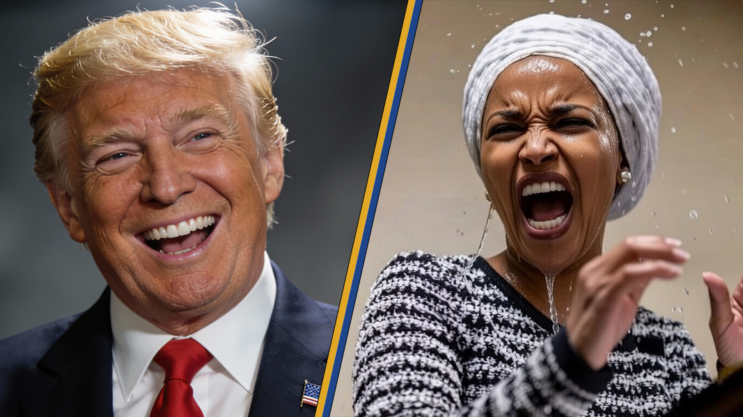 Image split showing Donald Trump smiling on the left and Ilhan Omar expressing strong emotion on the right, highlighting contrasting reactions.