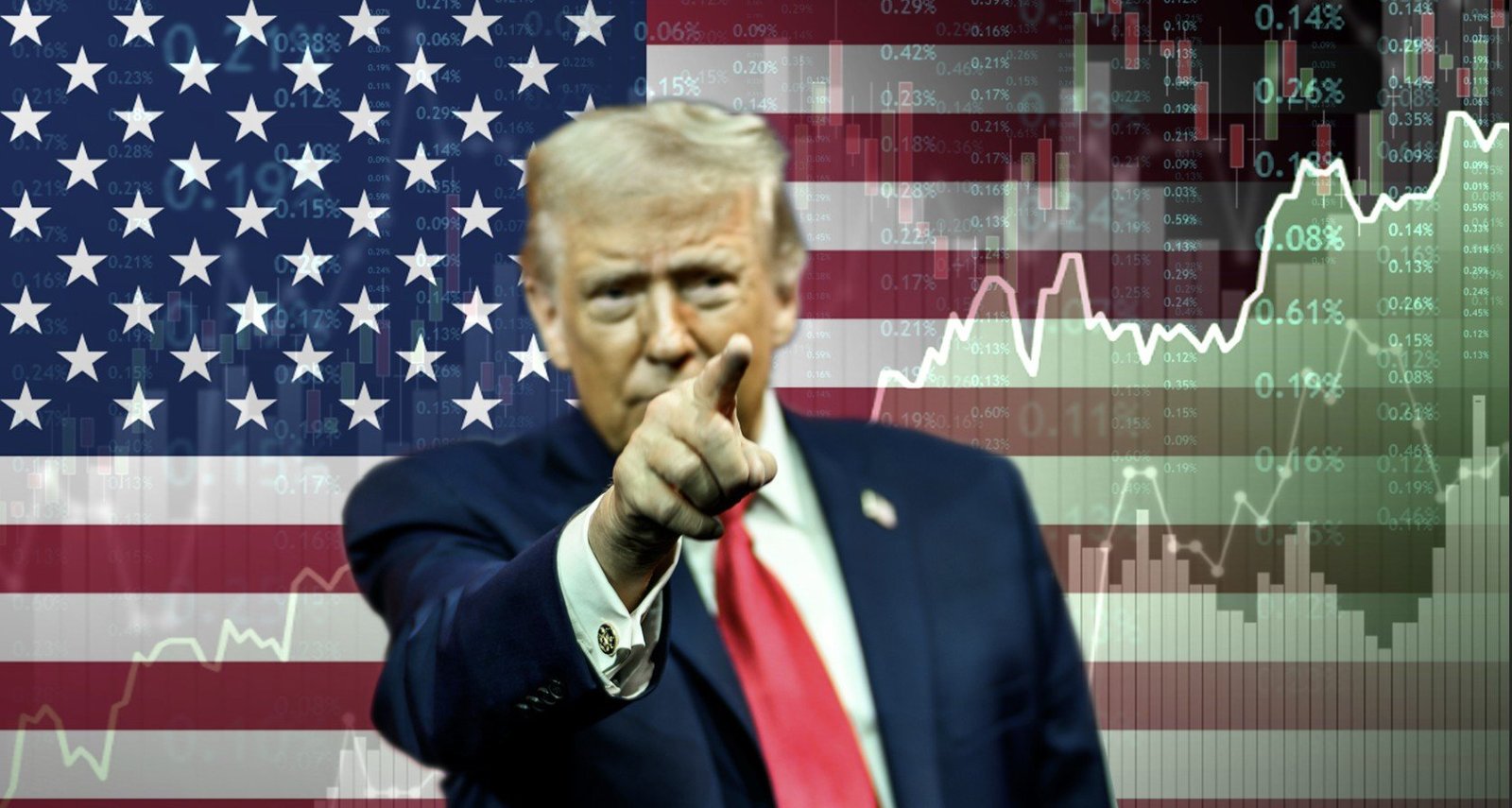 Businessman pointing at camera with American flag and stock market graphs in the background, symbolizing finance and political influence.