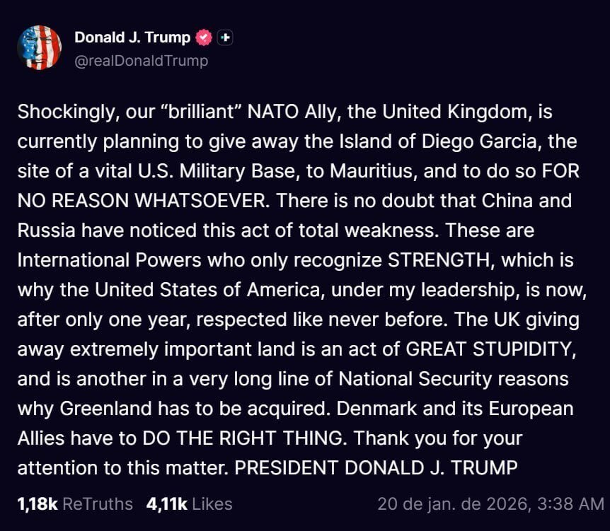 Screenshot of a social media post by Donald J. Trump discussing the UK’s plans for the Island of Diego Garcia and implications for U.S. military strength.