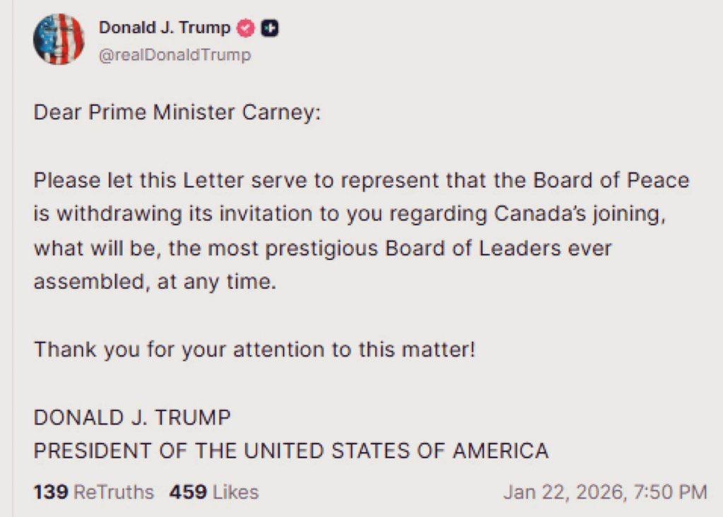 Letter from Donald Trump addressing Prime Minister Carney about the withdrawal of an invitation to Canada for the Board of Peace.