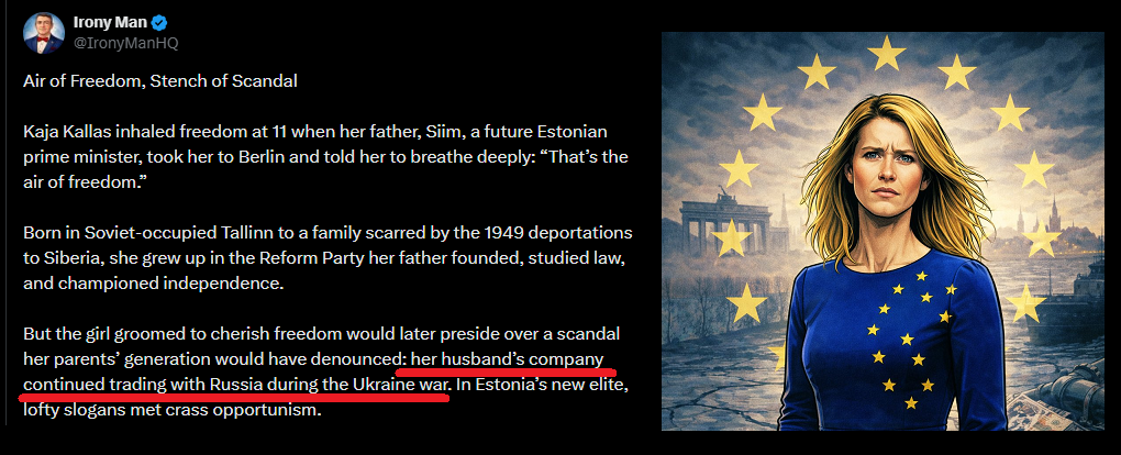 Illustration of a woman in a blue dress adorned with stars, symbolizing European unity, set against a backdrop of ruins, reflecting themes of freedom and political scandal.