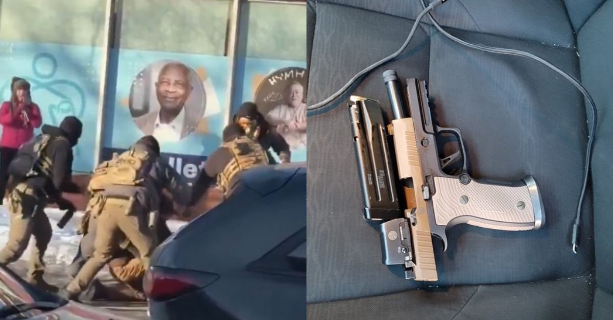 Police officers in tactical gear apprehending a suspect on the street, with a close-up of a handgun on a car seat in the background.
