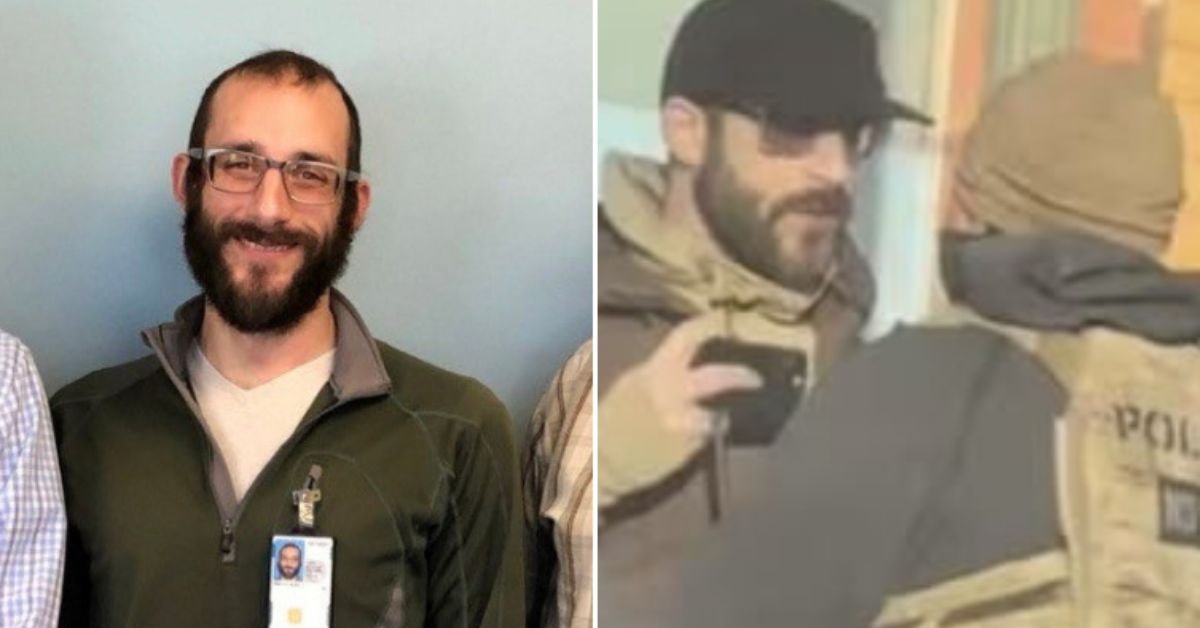 Image depicting a man with glasses and a beard, smiling in a professional setting, alongside another image showing him in a casual outfit interacting with an individual in a police vest.