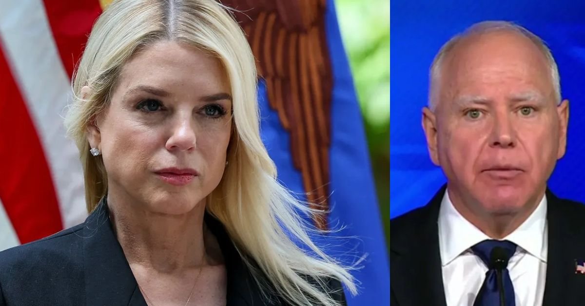 Two political figures, one with blonde hair and the other with gray hair, appear in a split image against a backdrop of flags.