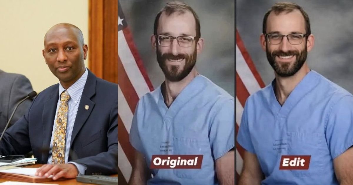 Image comparing two versions of a man in scrubs, showcasing the original on the left and an edited version on the right with enhanced features.