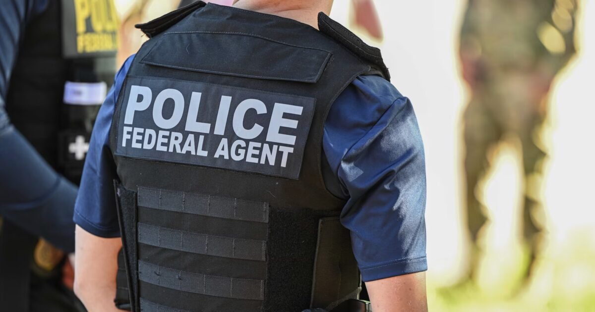 Federal agent in tactical gear with "POLICE" and "FEDERAL AGENT" labels, standing in a law enforcement context.