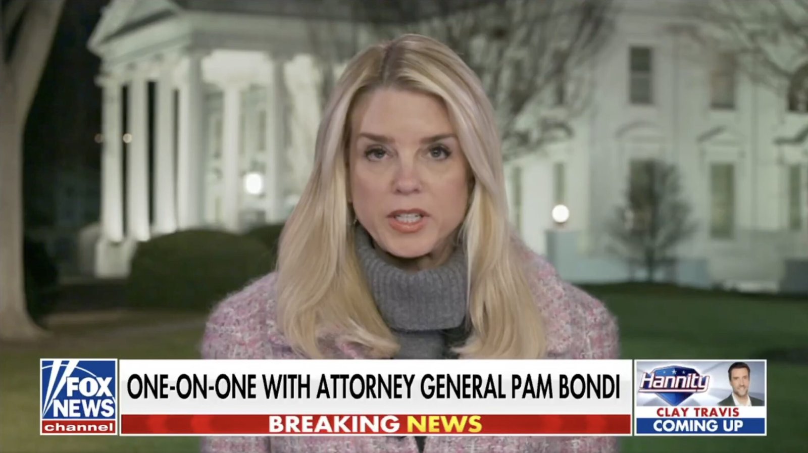 Pam Bondi discusses legal issues in a live interview outside the White House at night, highlighting breaking news on Fox News Channel.