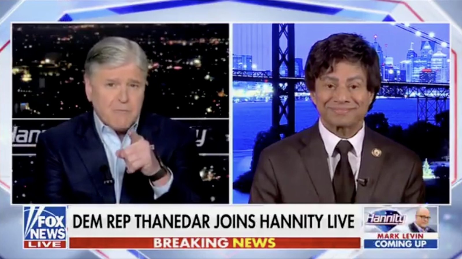 Democratic Representative Thane Dar appears on Fox News' Hannity, discussing current political issues with host Sean Hannity against a city skyline backdrop.