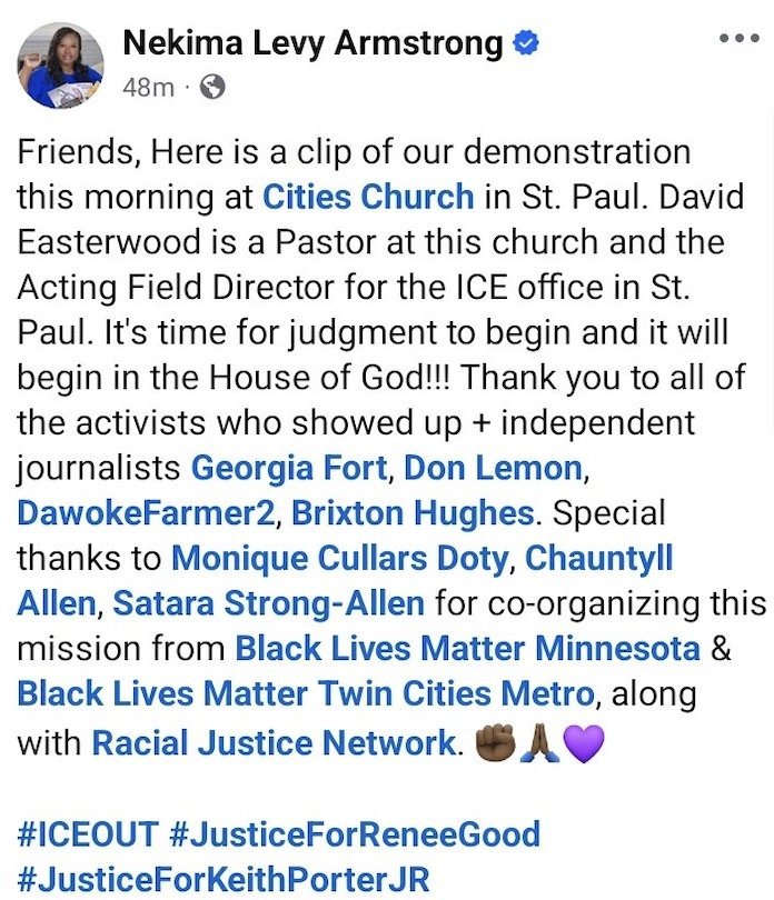 Nekima Levy Armstrong shares a post about a demonstration at Cities Church in St. Paul, highlighting community activism and support for justice initiatives.