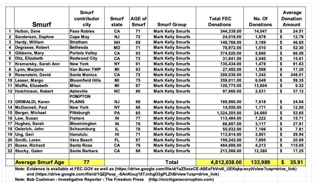 Table displaying donation data for Mark Kelly Smurfs, including contributor names, cities, states, ages, total donations, number of donations, and average donation amounts.