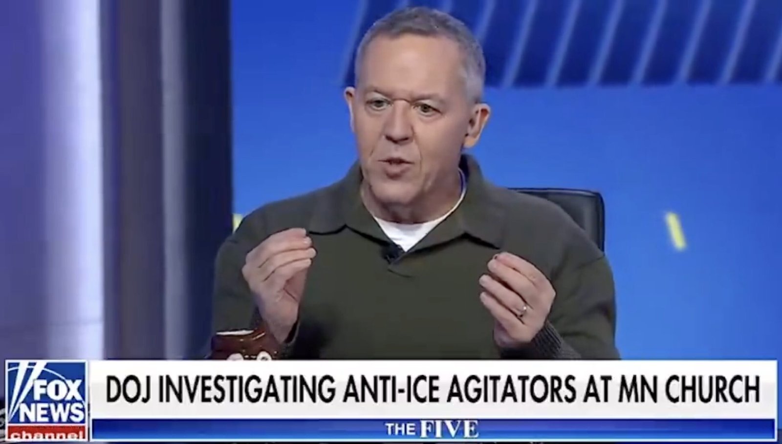 Greg Gutfeld discusses the DOJ investigation into anti-ICE protests at a Minnesota church during a Fox News segment.