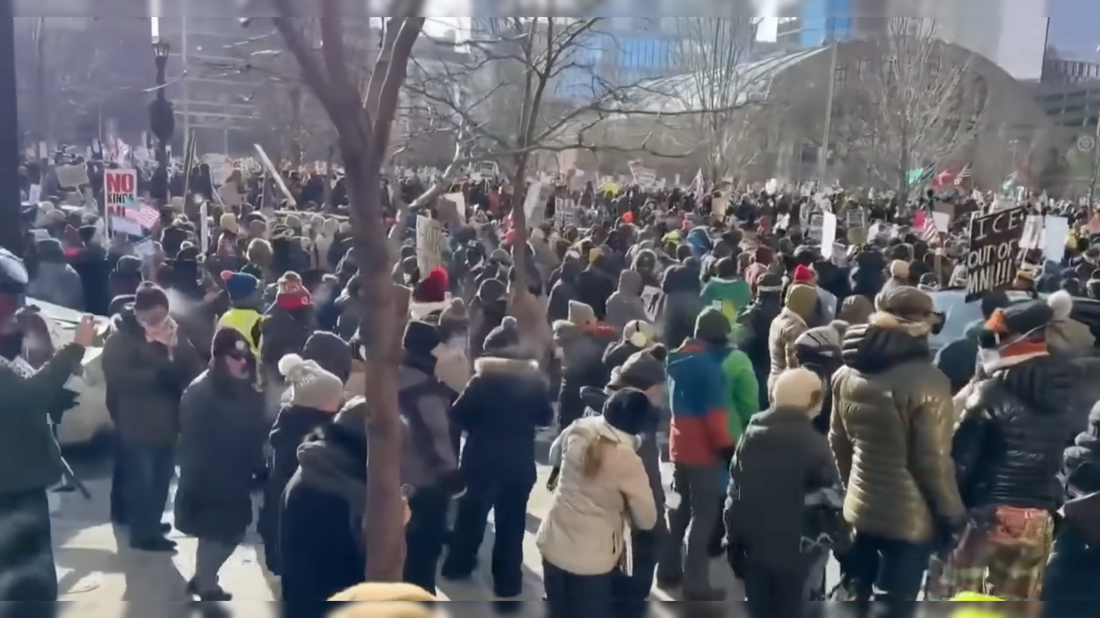 Large crowd of protesters holding signs during a demonstration in a city, advocating for social justice and immigration reform on a sunny day.