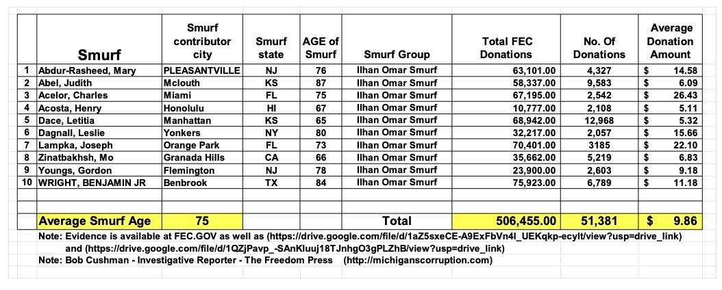 Data table showing contributions from various individuals to Ilhan Omar's campaign, including names, cities, states, ages, total donations, and average donation amounts.