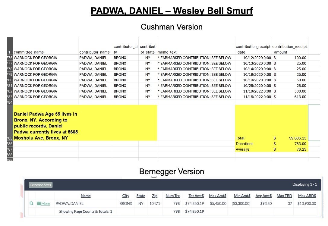 Spreadsheet showing contributions from Daniel Padwa, age 55, from Bronx, NY, including donation amounts and total contributions for political campaigns.