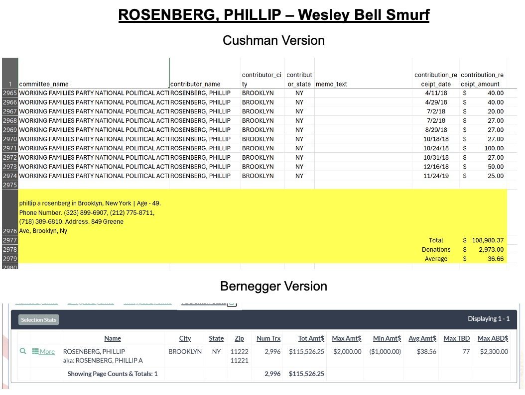 Financial records of Phillip A. Rosenberg from Brooklyn, New York, detailing contributions to the Working Families Party and summary statistics from different versions of data.