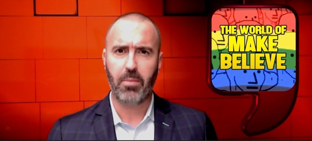 Man in a blazer presenting a segment titled "The World of Make Believe" against a vibrant orange background with colorful graphics.