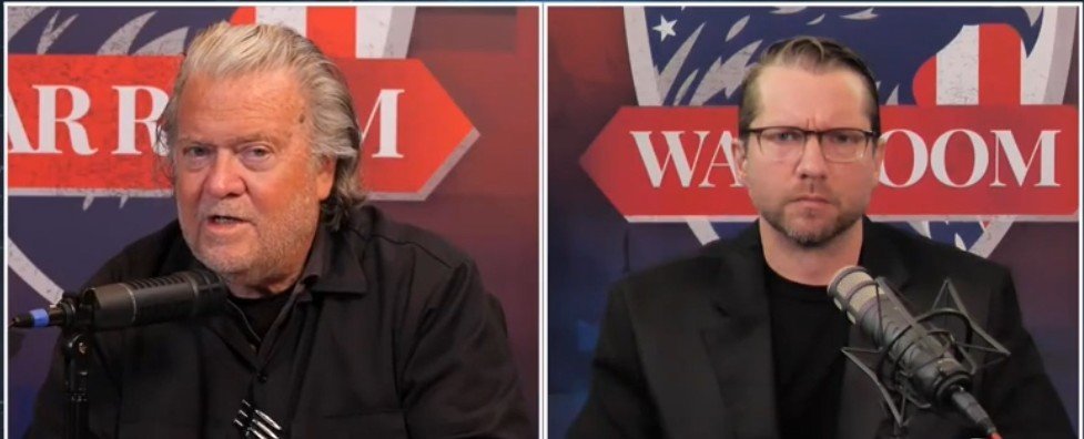 Two men speaking in a studio setting, discussing political topics, with microphones in front of them and a backdrop featuring the words "War Room."
