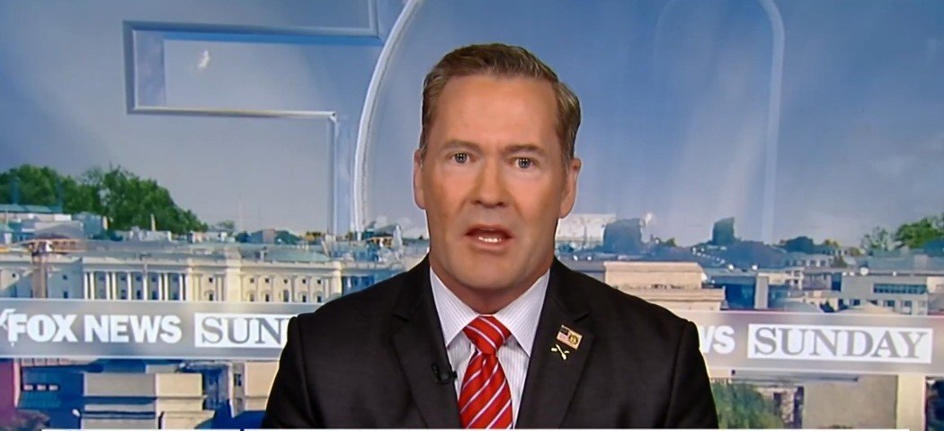 Man in a suit speaking during a broadcast on Fox News Sunday with a view of the Washington D.C. skyline in the background.