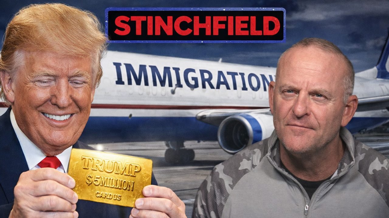 Donald Trump holds a gold card labeled "$5 Million" in front of an immigration-themed backdrop, with a serious-looking man beside him.