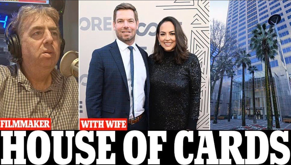 Filmmaker speaking into a microphone, a couple posing at an event, and a modern building with palm trees in the background.