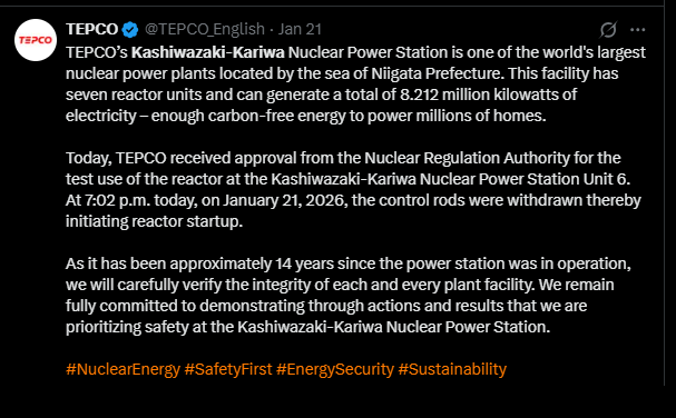 TEPCO announcement regarding the Kashiwazaki-Kariwa Nuclear Power Station, highlighting its capacity, safety approvals, and reactor startup plans for Unit 6.