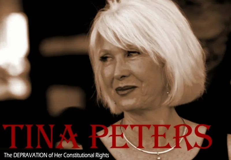 Tina Peters advocates for constitutional rights, featured in a promotional image highlighting her activism and legal challenges.
