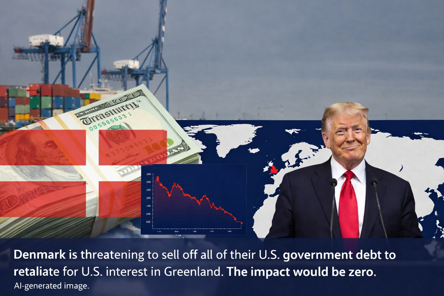 Image depicting a financial and political commentary on Denmark's threat to sell U.S. government debt, featuring a backdrop of shipping containers and a graph.