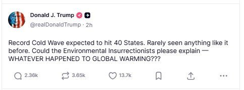 Tweet by Donald Trump discussing an upcoming record cold wave affecting 40 states and questioning the concept of global warming.