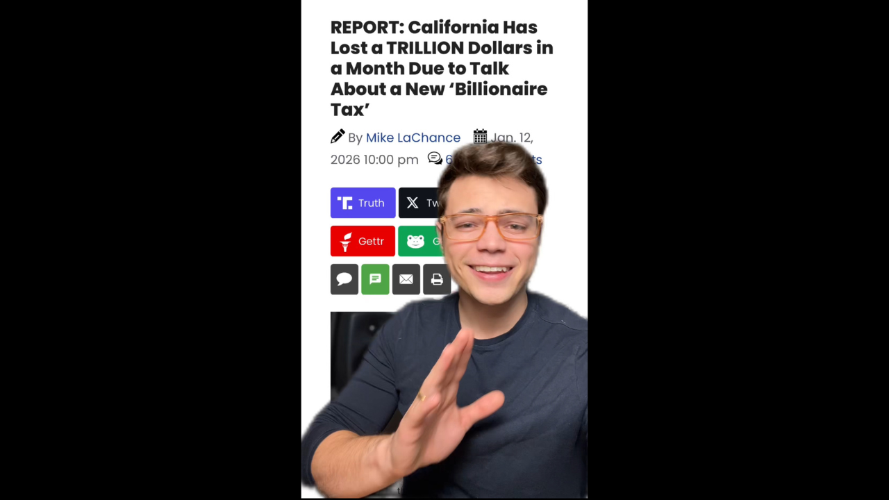 A person smiling and gesturing while discussing a report about California losing a trillion dollars due to proposed billionaire tax discussions.