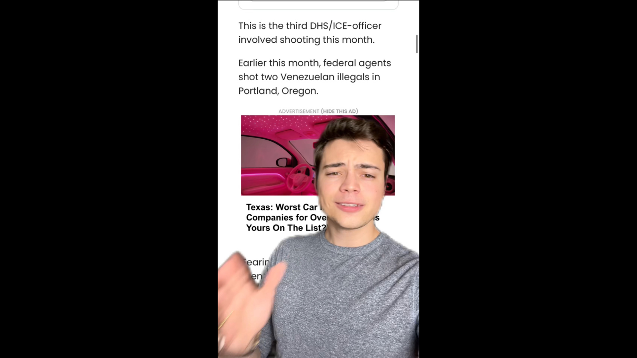 Person gesturing with hands, discussing recent DHS/ICE officer shootings while a pink-themed advertisement is visible in the background.