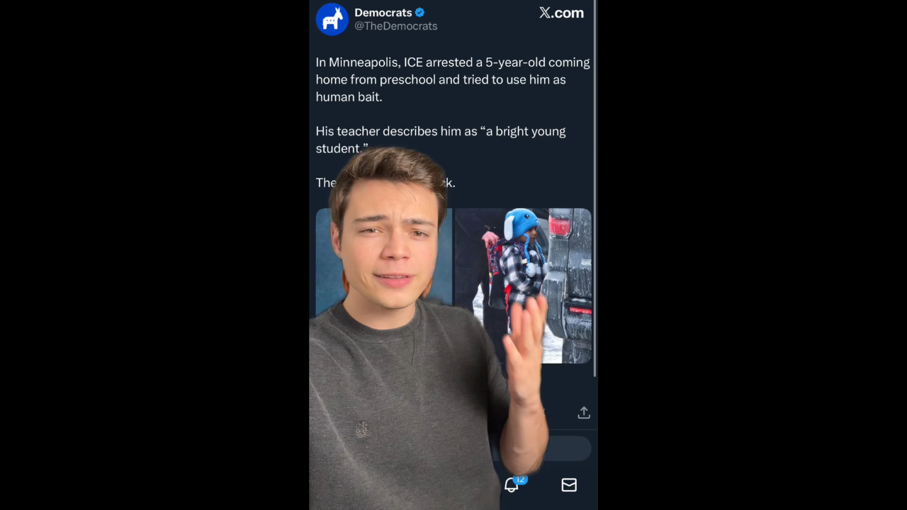Young man expressing concern about a news story involving ICE arresting a 5-year-old in Minneapolis while a child in a winter outfit stands nearby.