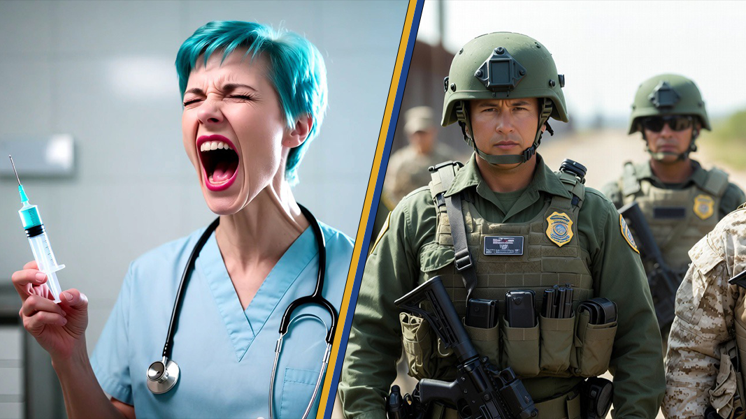 A healthcare professional with blue hair screams while holding a syringe, contrasting with armed law enforcement officers in tactical gear.