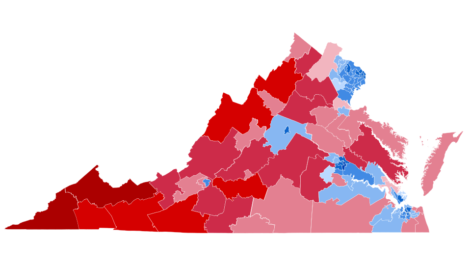 Political map of Virginia showing election results by county in shades of red and blue, indicating areas of Republican and Democratic support.