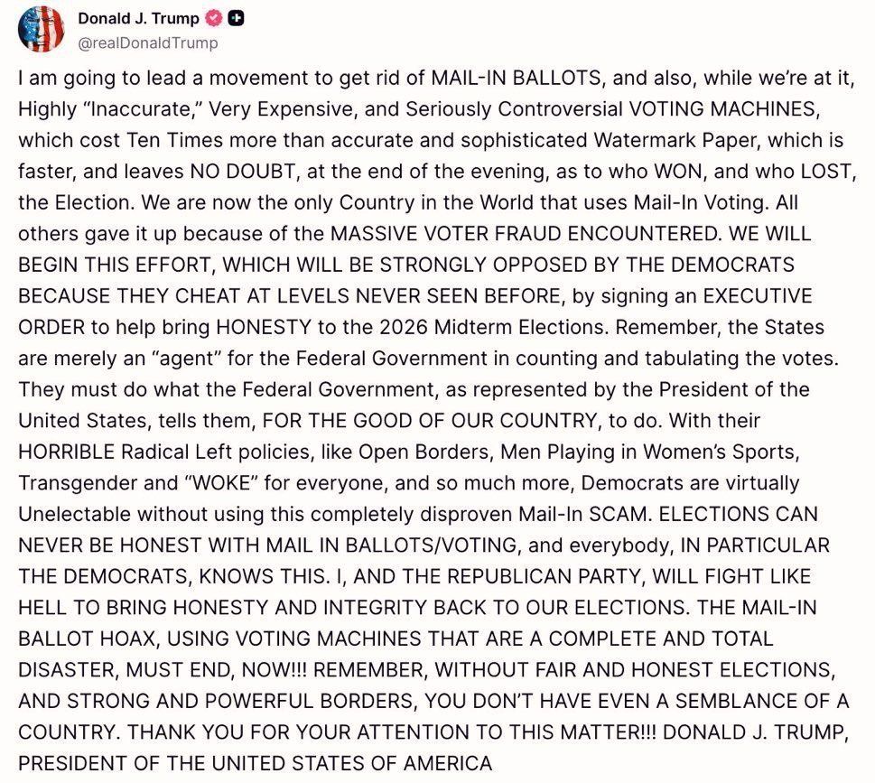 Text from a tweet by Donald Trump discussing his plan to eliminate mail-in ballots and voting machines, emphasizing election integrity and opposition from Democrats.