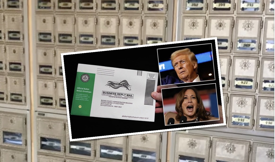 Mailboxes with an official ballot return envelope, featuring images of political figures, highlighting the importance of voting and mail-in ballots in elections.