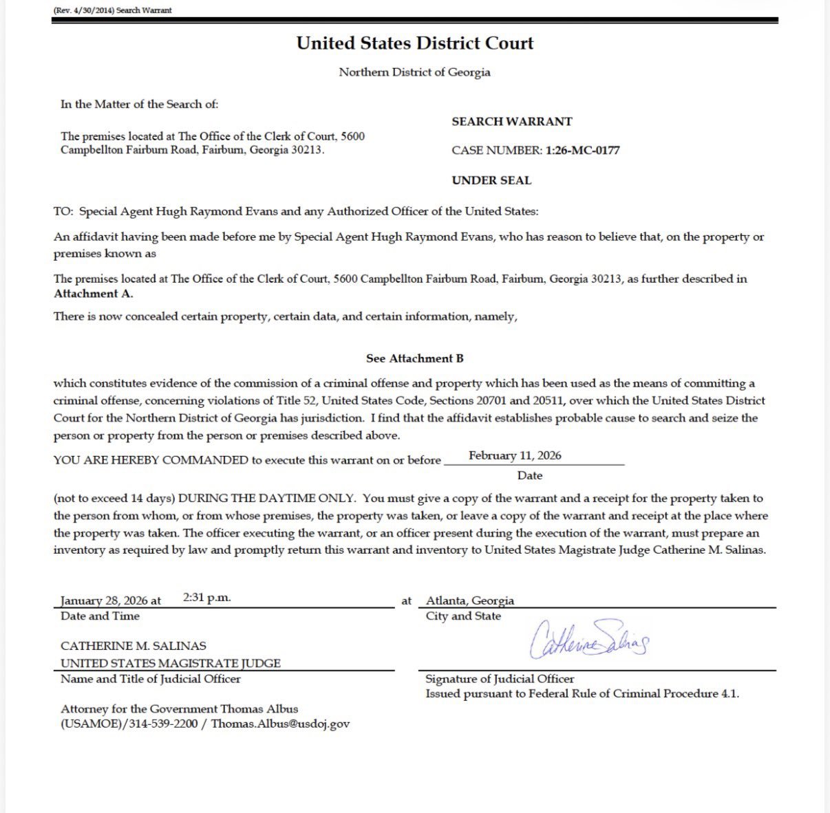 Search warrant document from the United States District Court, Northern District of Georgia, detailing property search and legal instructions, dated January 28, 2026.