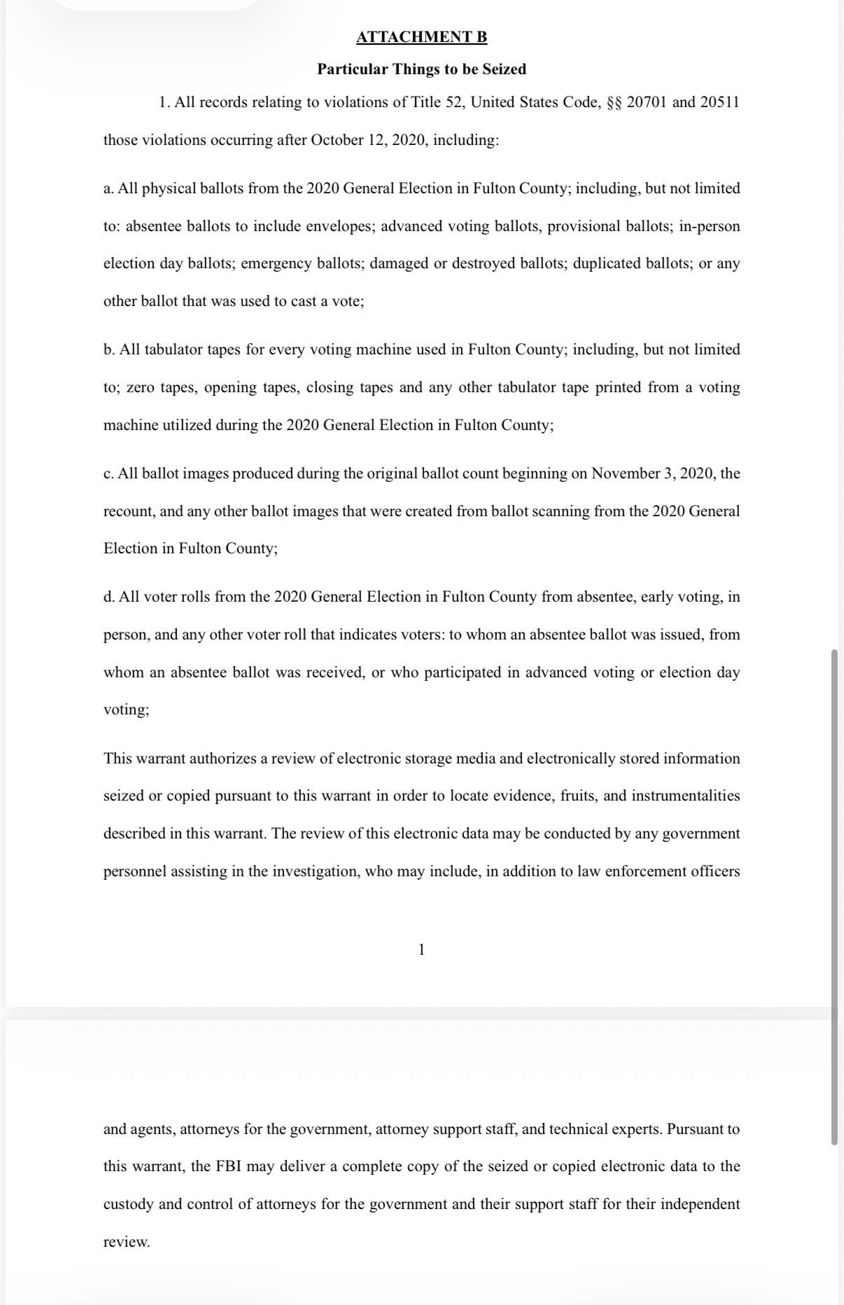 Document outlining items to be seized related to violations of U.S. election laws, including ballots, voting machine tapes, and voter rolls from the 2020 General Election in Fulton County.