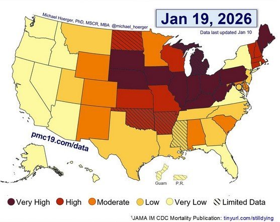Map showing COVID-19 risk levels across the United States on January 19, 2026, with regions categorized from very high to limited data.