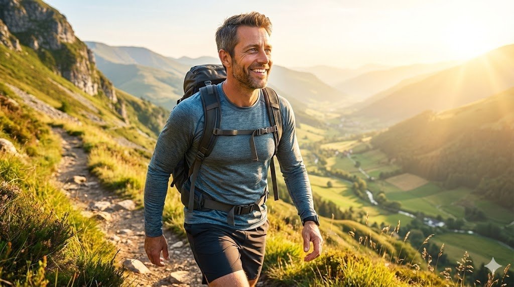 A smiling man hiking on a mountain trail with a backpack, surrounded by scenic valleys and sunlight.