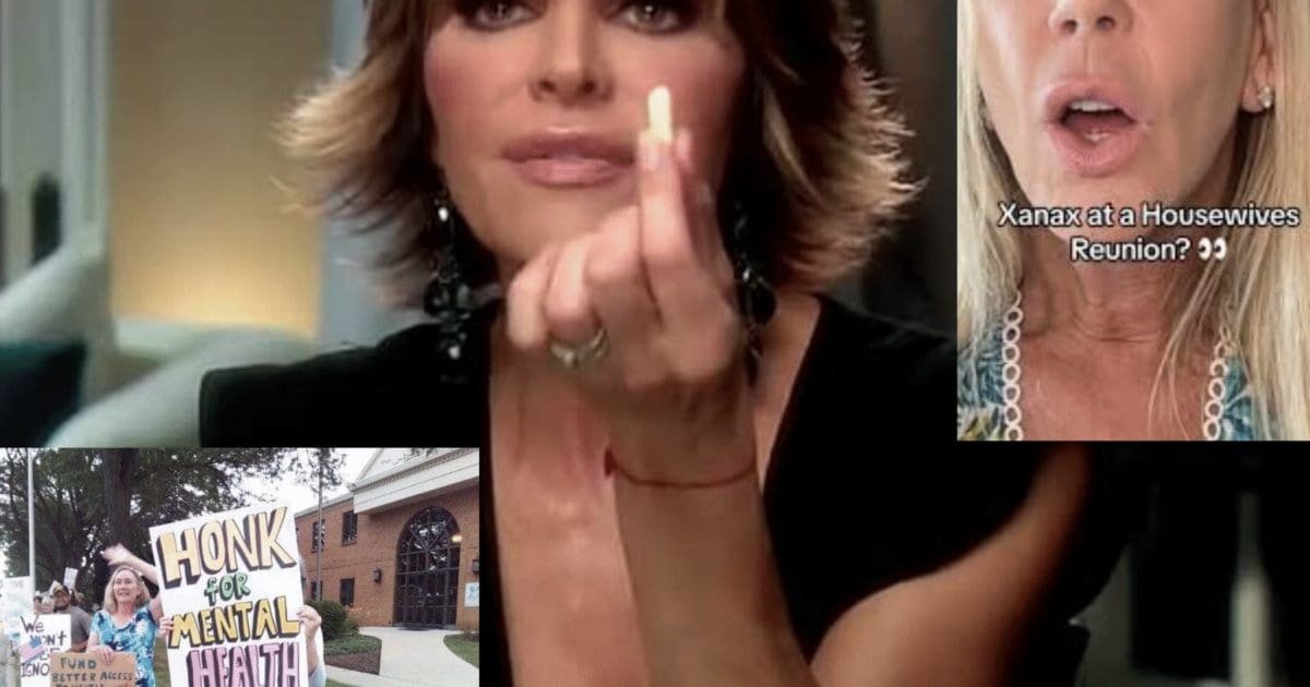 Image collage featuring a woman holding a pill, discussing mental health, and a protest sign advocating for mental health awareness.