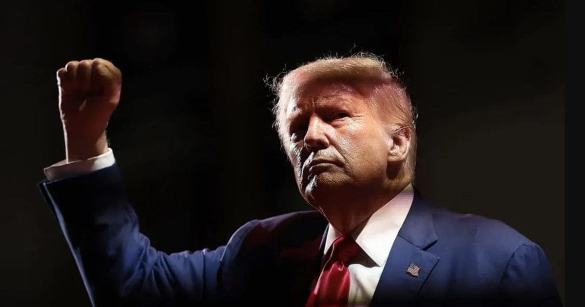 Donald Trump raises his fist in a powerful stance, showcasing determination and leadership during a public appearance.