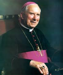 Portrait of a smiling bishop in traditional clerical attire, featuring a purple vestment and a cross necklace, seated against a softly blurred background.