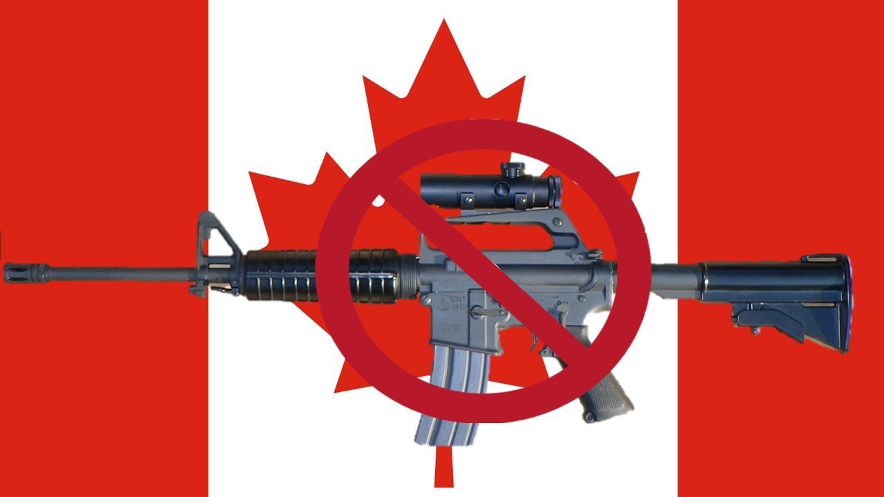 Image of a firearm overlayed with a prohibition symbol against the backdrop of the Canadian flag, symbolizing gun control debates in Canada.