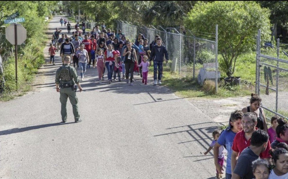 A group of migrants walks along a road towards a border patrol officer in a rural area, highlighting the challenges of immigration.