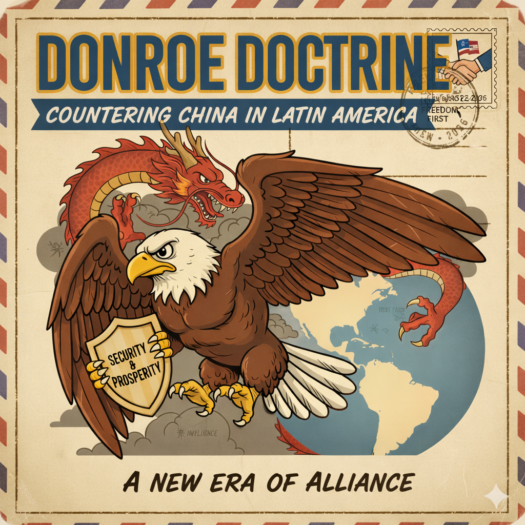 Illustration depicting the Donroe Doctrine, featuring an eagle and dragon symbolizing U.S.-China relations in Latin America, emphasizing security and prosperity.