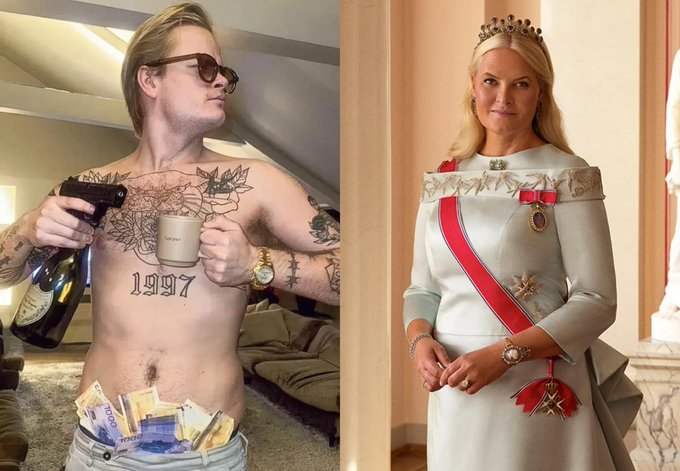 A contrasting image of a tattooed man holding a gun and champagne on the left, and a regal woman in a formal gown and tiara on the right.