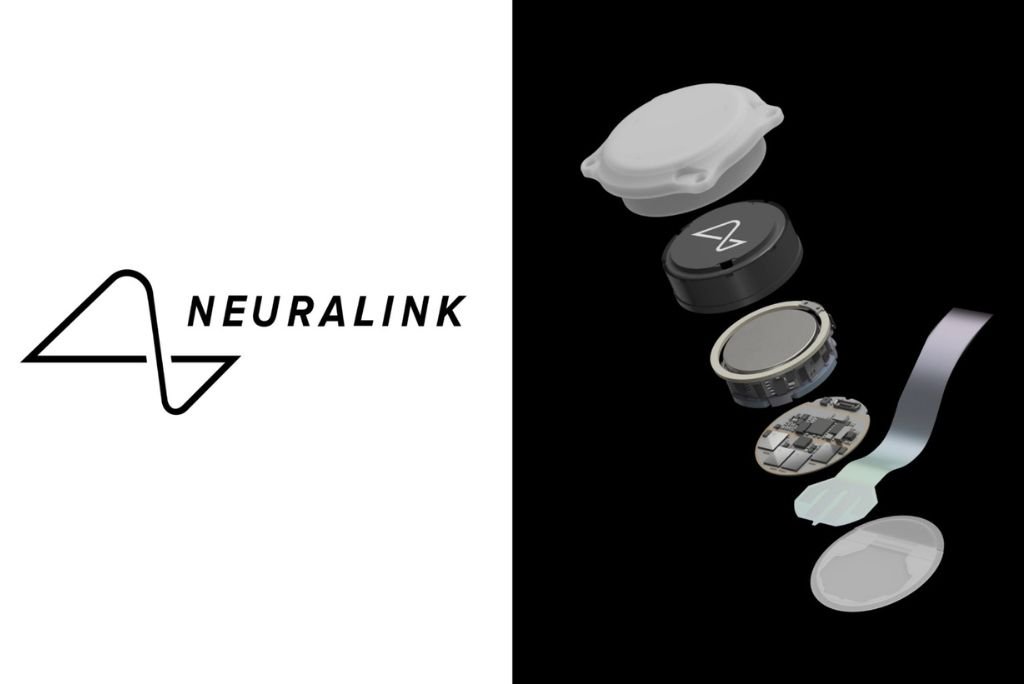 Neuralink logo with an exploded view of its brain-machine interface components, showcasing innovation in neurotechnology and digital health solutions.
