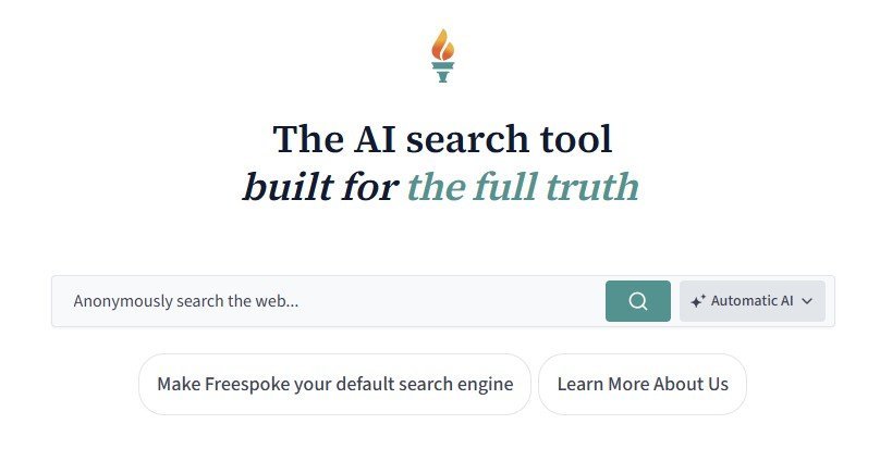 AI search tool interface featuring a search bar, options to set Freespoke as the default search engine, and a link for more information.
