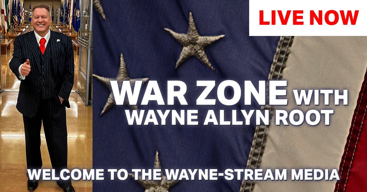 Wayne Allyn Root hosts a live show titled "War Zone," featuring a backdrop of flags and patriotic themes, promoting the Wayne-Stream Media.