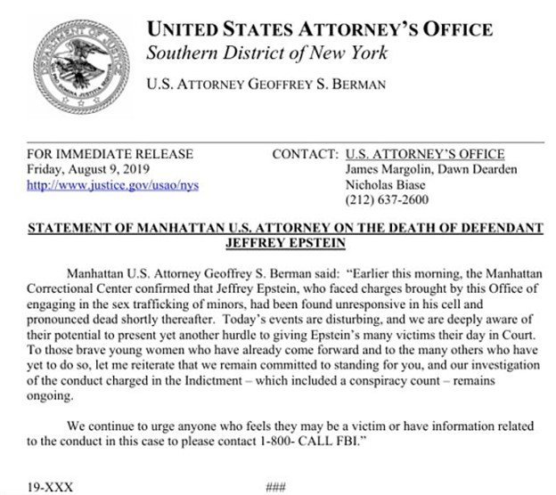 Statement from the U.S. Attorney's Office regarding the death of Jeffrey Epstein, highlighting ongoing investigations and support for victims of sex trafficking.